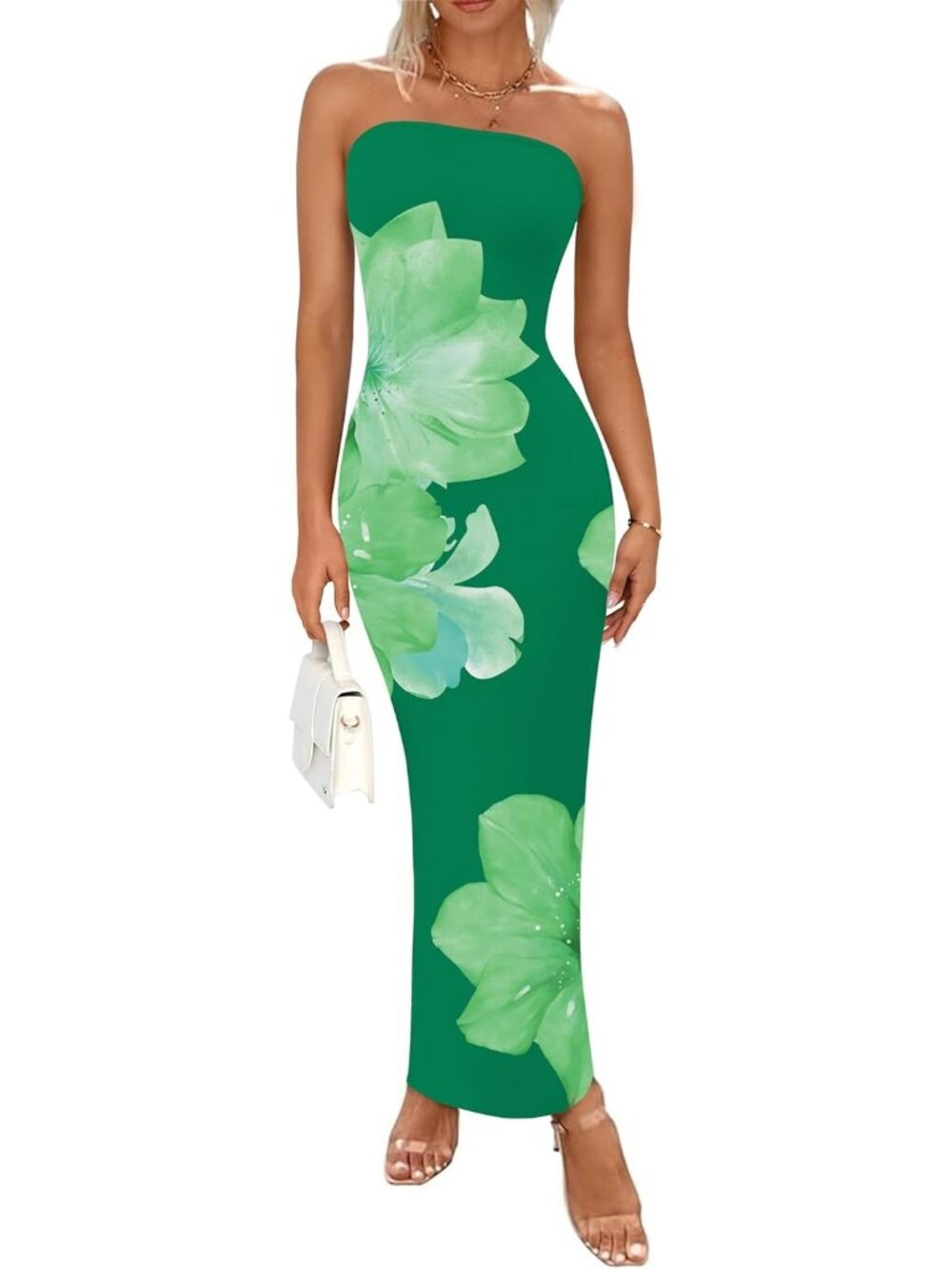 Women's Green Floral Summer Strapless Maxi Dress Formal Tube Mesh Dress